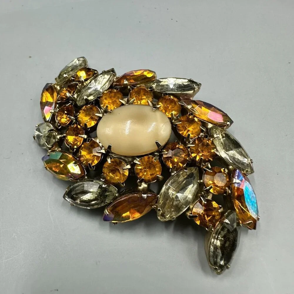 Vintage Amber Color Rhinestone Brooch Silver Tone Navette Aurora Borealis